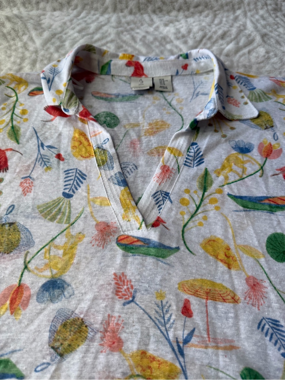 Joie Women’s XL 100% Linen Floral Bird Print Sleeveless Collared Top Coastal - Picture 4 of 8